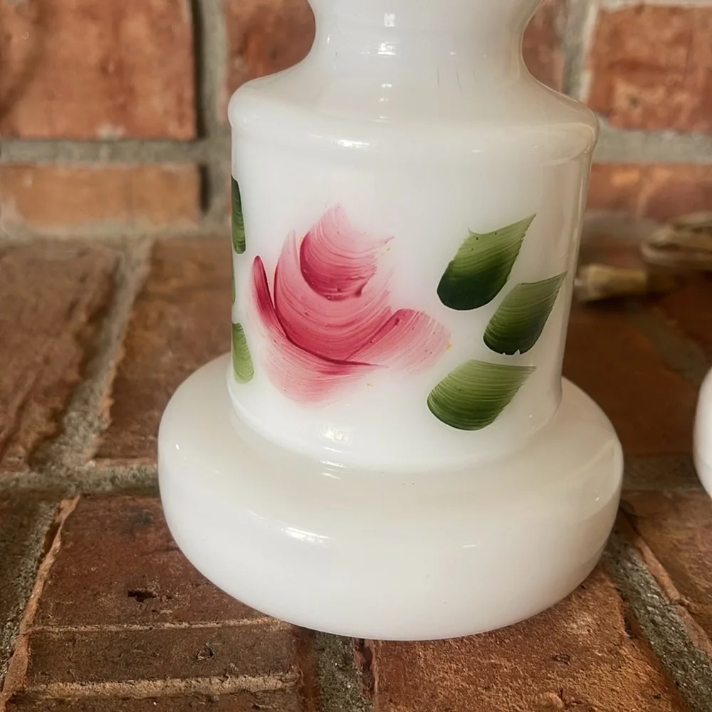 Vtg Milk Glass Hand Painted Floral Lamps Set of 2